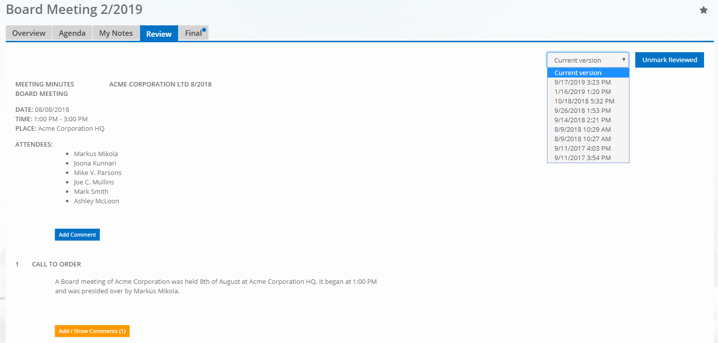 Meeting review version control